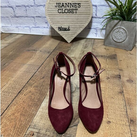 Madewell Sz 5 Cara Red Suede Block Heel Adjustable Stretch Buckle Ankle Strap - Picture 9 of 10